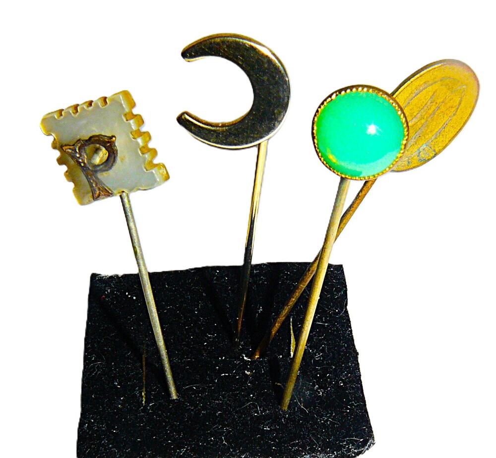 Vintage Gold-Tone 4 Stick Pin Set Crescent Moon Green Gem MOP Initial